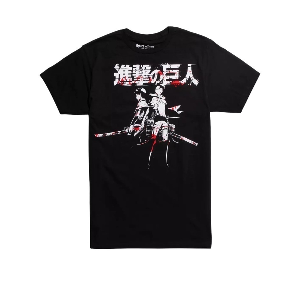 (LIKE NEW) Attack On Titan Levi & Eren Anime Blood Splatter Graphic Tee — Small